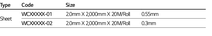 Type ,Code,Size,,Sheet,WCXXXXX-01,2 0mm X 2,000mm X 20M Roll,0 55mm,WCXXXXX-02,2 0mm X 2,000mm X 20M Roll,0 3mm