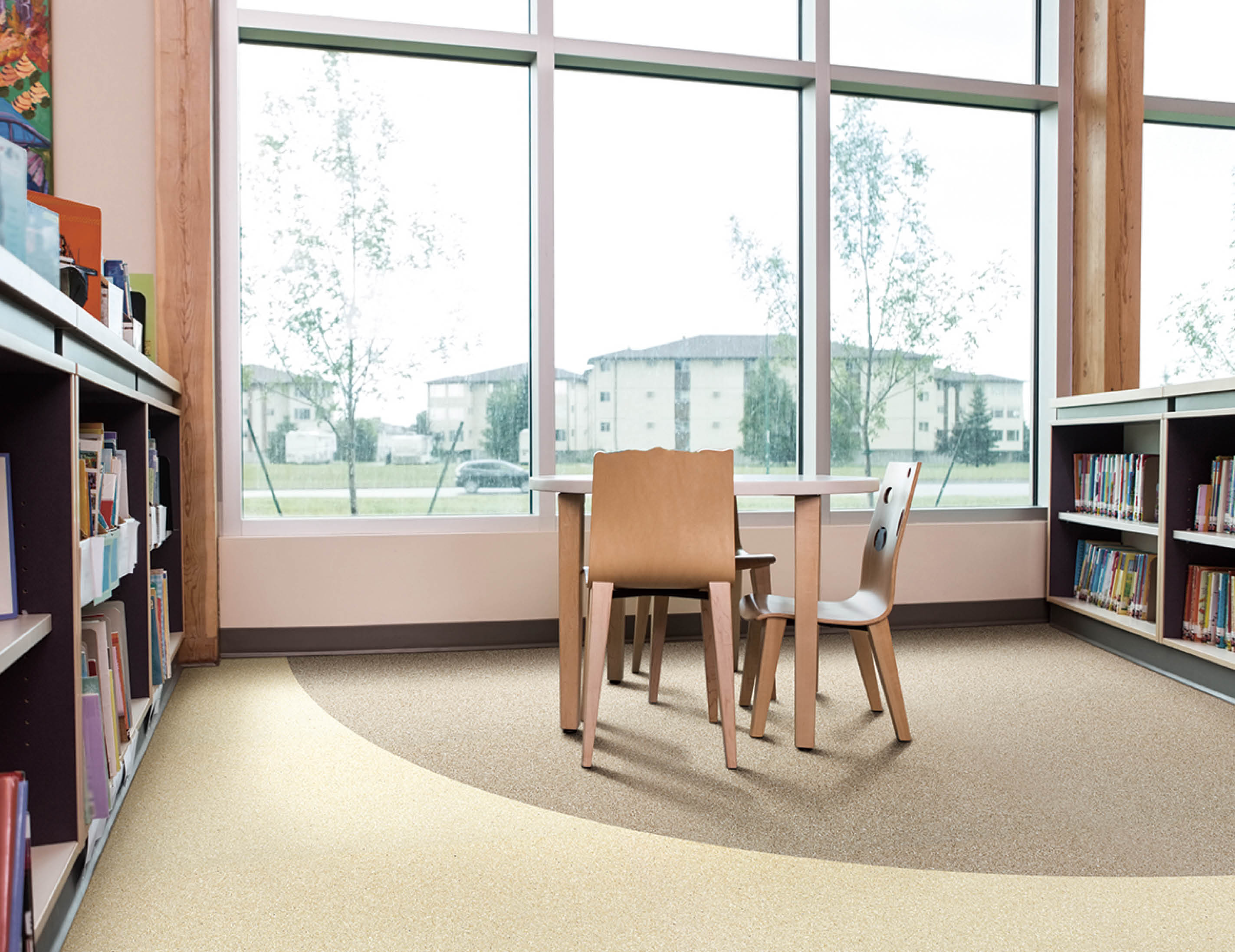 Interior of library with bookshelves and seating arrangement; Shutterstock ID 225428074
