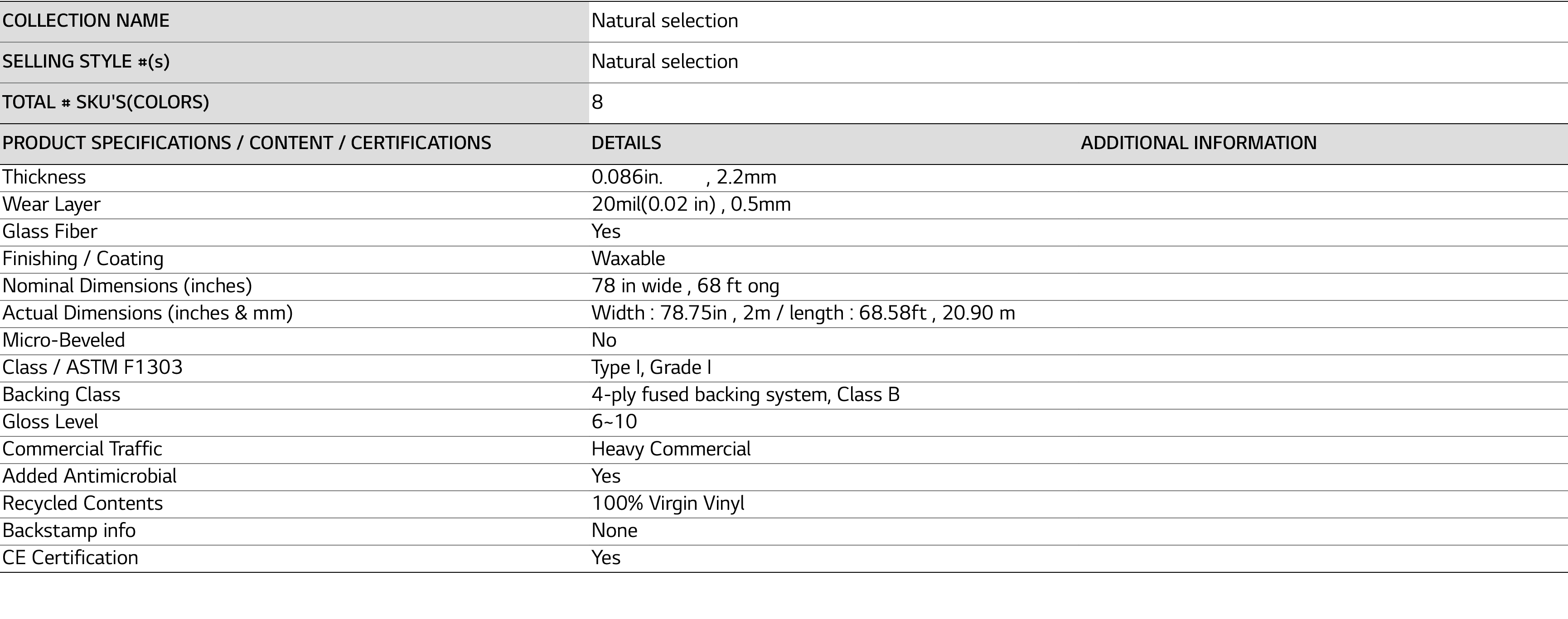 COLLECTION NAME,Natural selection,,SELLING STYLE #(s),Natural selection,,TOTAL # SKU'S(COLORS),8,,PRODUCT SPECIFICATI   