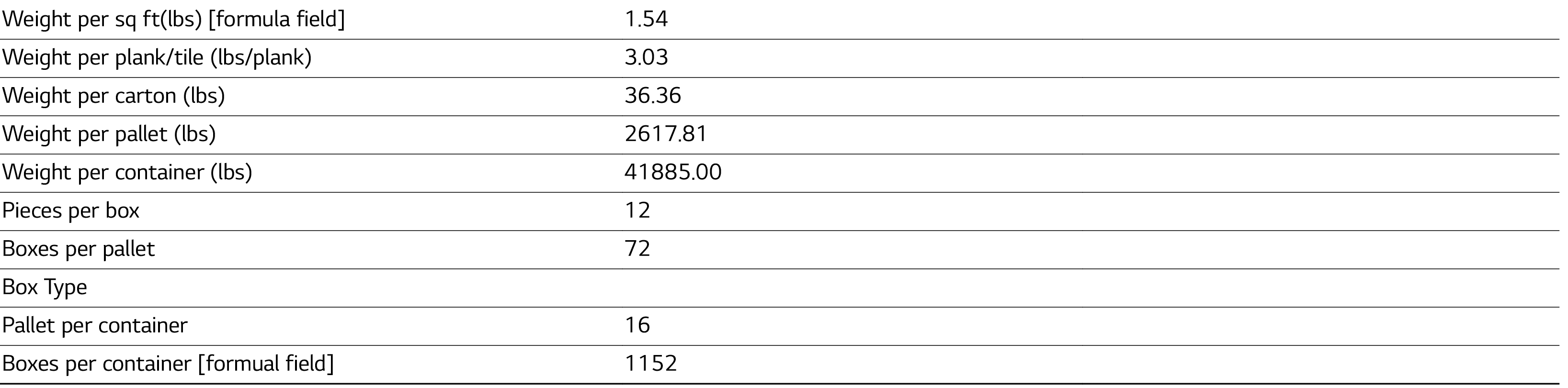 Weight per sq ft(lbs)  formula field ,1 54,,Weight per plank tile (lbs plank),3 03,,Weight per carton (lbs),36 36,,We   