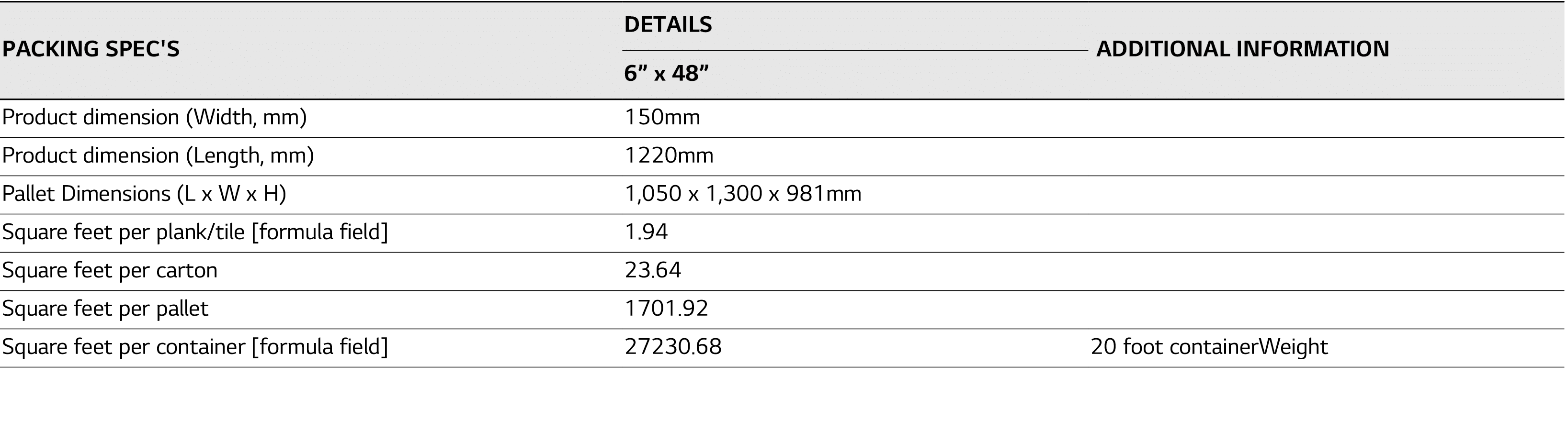 PACKING SPEC'S,DETAILS, ADDITIONAL INFORMATION,6  x 48 ,Product dimension (Width, mm),150mm ,,Product dimension (Leng   
